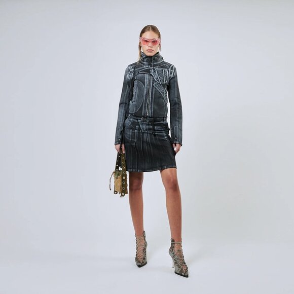 Ottolinger Black Denim Acid  Wash 'Trompe L'œil' Cargo Mini skirt Womens Y2k - Picture 9 of 10